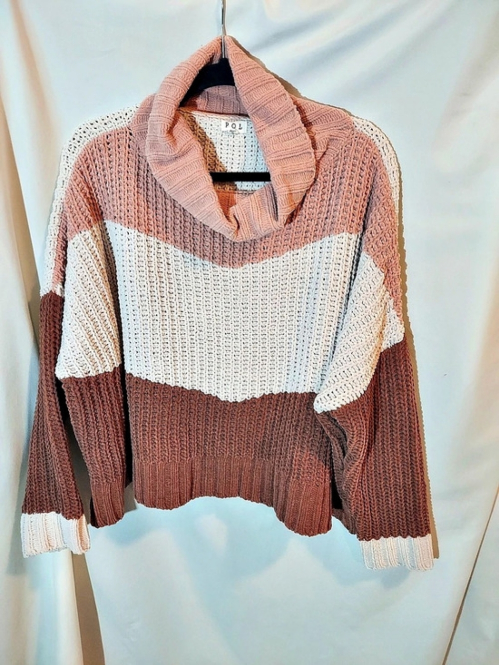 POL Chenille Colorblock Cowl Neck Chunky Knit Sweater Medium Pink Cream Brown